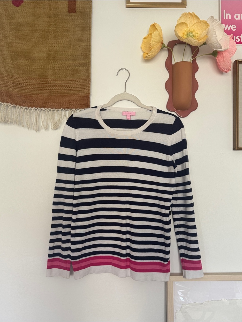 Lily Pulitzer Navy & White Striped Crew Sweater with Pink Accent Hem